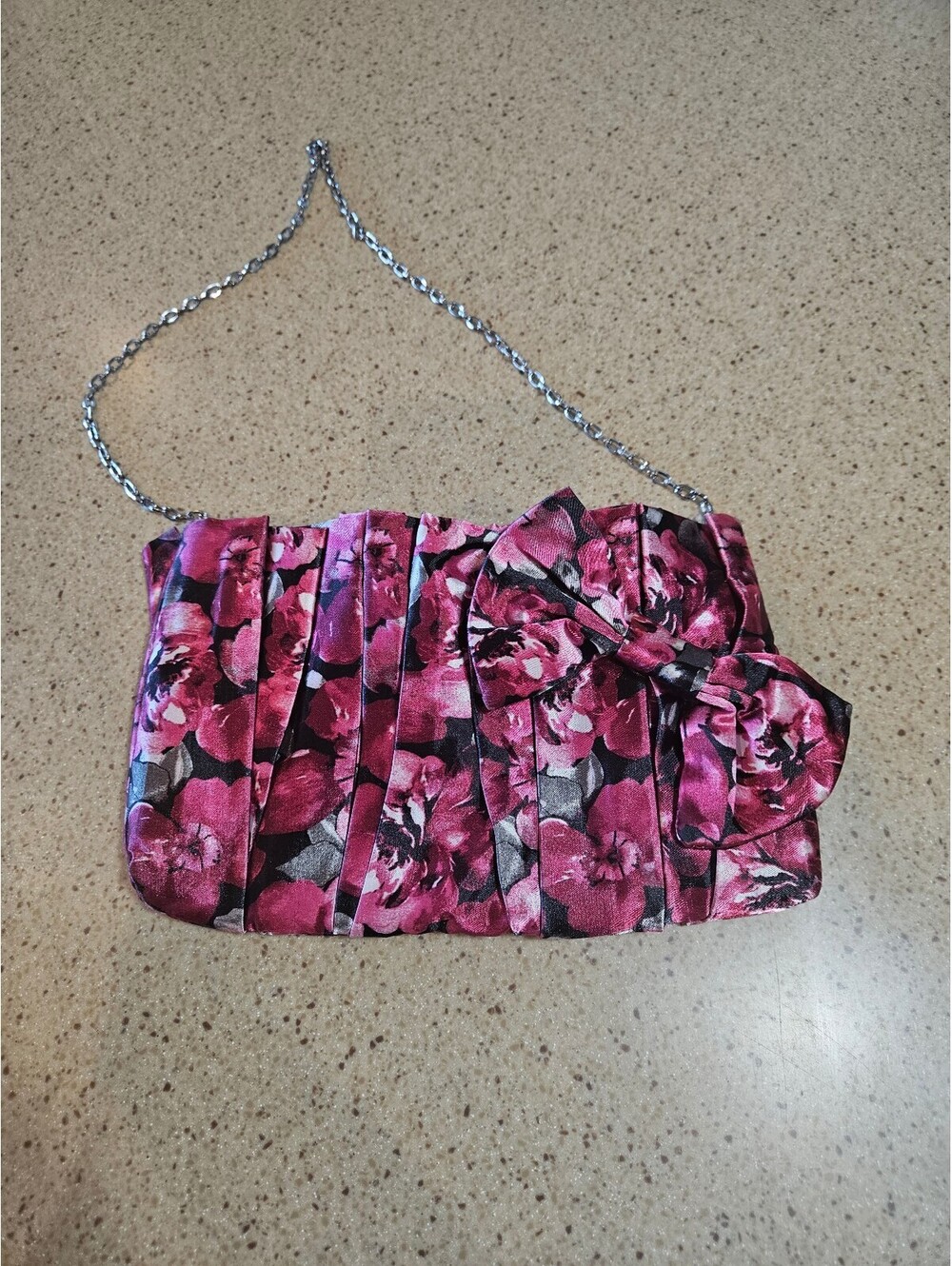 White House Black Market Pink Floral Pleated Satin Clutch Bag with Chain Strap